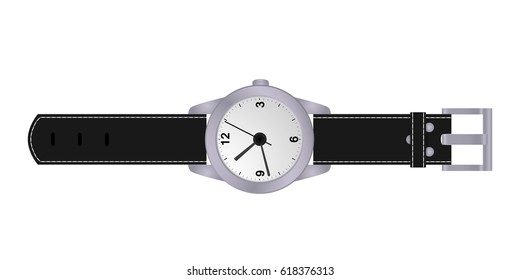 Wristwatch with a black leather strap isolated on a white background. Vector illustration.