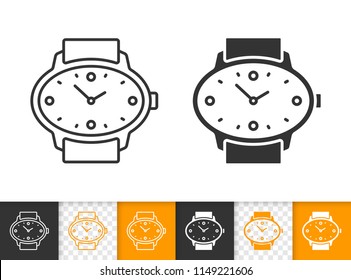 Wristwatch black linear and silhouette icons. Thin line sign of fashion watch. Style timepiece outline pictogram isolated on white, color, transparent. Vector Icon shape. Watch simple symbol closeup