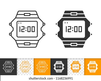 Wristwatch black linear and silhouette icons. Thin line sign of electronic watch. Digital Timer, outline pictogram isolated on white, transparent. Vector Icon shape. Wristwatch simple symbol closeup