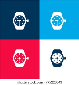 Wristwatch of circular shape four color material and minimal icon logo set in red and blue