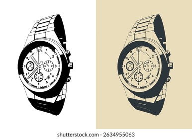 Wristwatch dial close up stylized vector illustrations