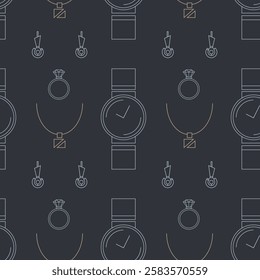 Wristwatch, diamond ring, earrings and pendant wallpaper. Seamless pattern with outline accessories. Repeat texture with jewelry for textile or wrapping paper.