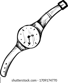 Wristwatch drawing, illustration, vector on white background.