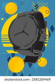 Wristwatch geometrical graphic retro theme background. Minimal geometric elements. Vintage abstract shapes vector illustration.