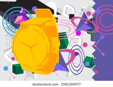 Wristwatch geometrical graphic retro theme background. Minimal geometric elements. Vintage abstract shapes vector illustration.