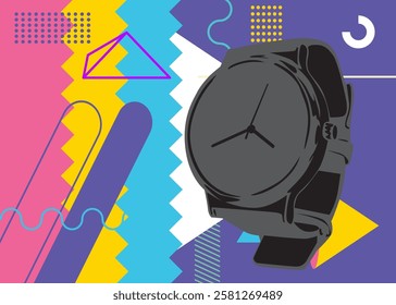 Wristwatch geometrical graphic retro theme background. Minimal geometric elements. Vintage abstract shapes vector illustration.