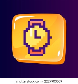 Wristwatch glossy ui button with pixelated color icon. Time measure tool. Accessories store. Editable 8bit graphic element on shiny glass rectangle shape. Isolated image for arcade, video game design