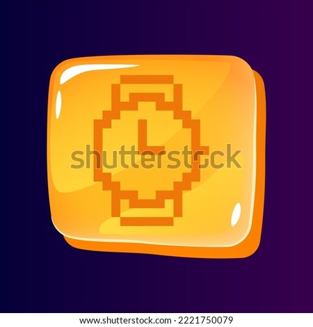 Wristwatch glossy ui button with pixelated icon. Time measure tool. Editable 8bit graphic element on shiny square shape. Isolated vector user interface image for web, mobile. Retro style game design