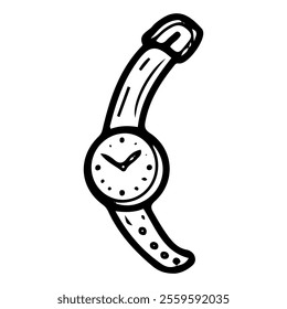 Wristwatch hand drawn doodle. Accessory for telling time. Watch on the wrist. Mechanical device. Item of clothing with a leather strap. Traditional style. Vector line art illustration.