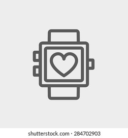 Wristwatch with heart display icon thin line for web and mobile, modern minimalistic flat design. Vector dark grey icon on light grey background.