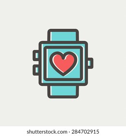 Wristwatch with heart display icon thin line for web and mobile, modern minimalistic flat design. Vector icon with dark grey outline and offset colour on light grey background.