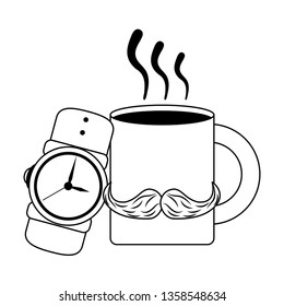 Wristwatch and hot coffee cartoon in black and white