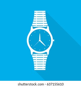 Wristwatch icon with arrows in flat design. Vector illustration. White wristwatch icon with long shadow on blue background.