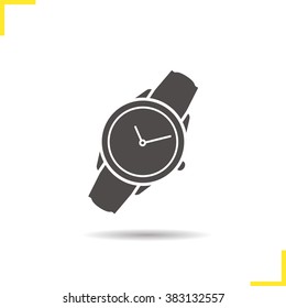 Wristwatch icon. Drop shadow watch icon. Men's hand watches accessory. Classic wrist watch icon. Isolated wristwatch black illustration. Watch logo concept. Vector wrist watch silhouette  symbol