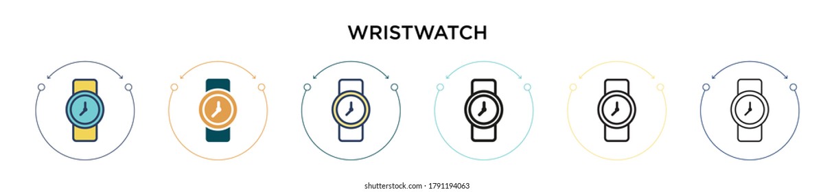 Wristwatch icon in filled, thin line, outline and stroke style. Vector illustration of two colored and black wristwatch vector icons designs can be used for mobile, ui, web