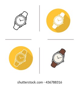Wristwatch icon. Flat design, linear and color styles. Classic men's watch. Isolated vector illustrations