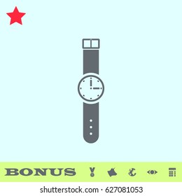 Wristwatch icon flat. Grey pictogram on blue background. Vector illustration symbol and bonus buttons medal, cow, earth, eye, calculator