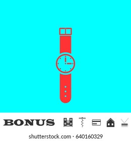 Wristwatch icon flat. Red pictogram on blue background. Vector illustration symbol and bonus buttons Music center, corkscrew, credit card, house, drum