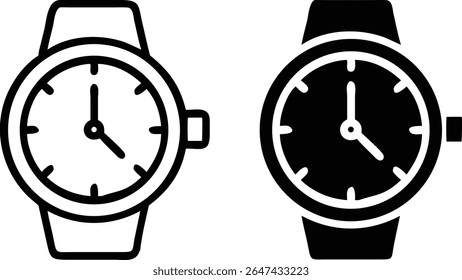 Wristwatch Icon Set – Black and White Minimal Clock Symbols Vector Design
