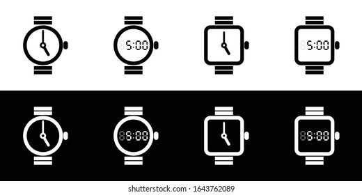 Wristwatch icon set. Flat design icon collection isolated on black and white background. Analog and digital.