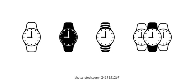 Wristwatch icons set. Hours set. Silhouette and linear style. Vector icons