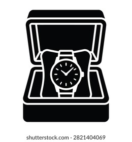 Wristwatch inside open luxury display box icon with wristwatch timepiece accessory container
