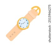 Wristwatch with a leather strap and gold fittings in a cartoon style on a white isolated background. Beautiful cute classic watch with a non-standard time.