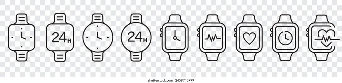 Wristwatch line icon. Smartwatch Hand watch physical fitness telemedicine. set of vector icon collection. Editable stroke.