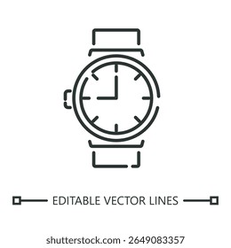 Ícone linear de relógio de pulso. Desenho de linha de ícone de relógio de pulso adequado para designs minimalistas. Perfeito para logotipos, ícones e ilustrações na indústria de relógios.