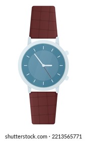 reloj de pulsera para hombres - diseño plano moderno estilo simple imagen aislada. Ilustración minuciosa del accesorio clásico con correa de cuero y dial plateado. Oportunidad y planificación, idea de responsabilidad