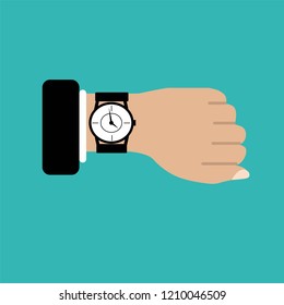 Wristwatch on the hand of businessman in suit isolated on blue background.Man with clock.Hand with clock flat design. Vector illustration.