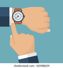 Wristwatch on the hand of businessman in suit. Time on wrist watch. Man with clock checks the time. Hand with clock isolated on background. Flat design, vector illustration.