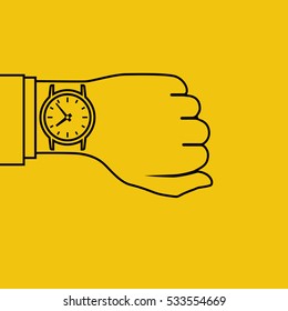 Wristwatch on hand of businessman in suit. Time on wrist watch. Man checks time on clock, control. Hand with clock isolated on background. Flat minimal design outline, vector illustration.