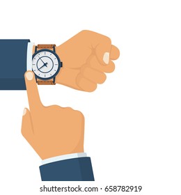 Wristwatch on hand of businessman in suit. Time on wrist watch. Man with clock checks time. Hand with clock isolated on white background. Flat style design, vector illustration.