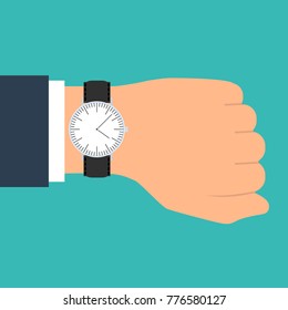 Wristwatch on the hand of businessman in suit. Time on wrist watch. Man with clock checks the time. Hand with clock isolated on background. Flat design, vector illustration.