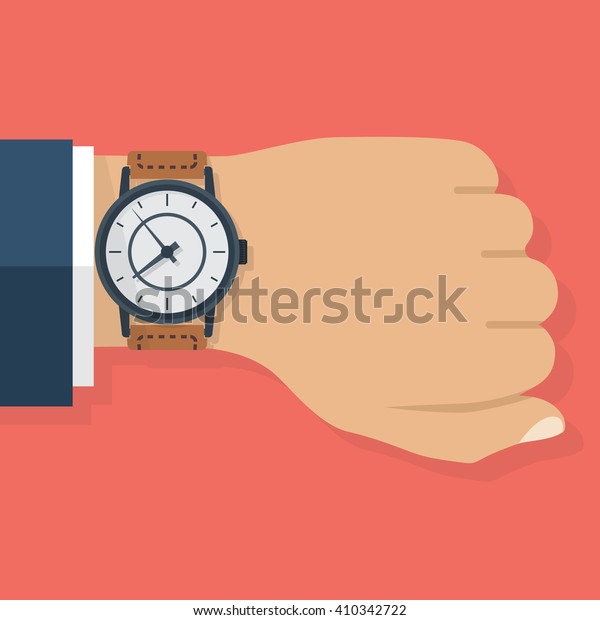 Wristwatch on the hand of\
businessman in suit. Time on wrist watch. Man with clock checks the\
time. Hand with clock isolated on background. Flat design, vector\
illustration.