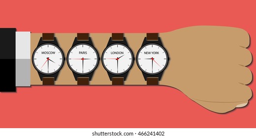 Wristwatch on the hand with the time in different countries. The clock on the hand businessman. Hand with clock isolated on a red background in a flat style. Vector illustration. World time.