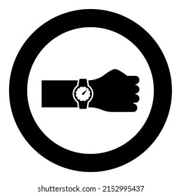 Armbanduhr auf der Hand Uhrzeigersymbol in kreisrunden, schwarzen Vektorgrafik auf soliden Rahmenstil
