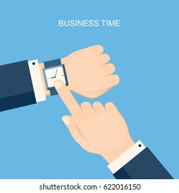 Wristwatch on the man hand. Flat vector illustration business time concept  with businessman checking time. Male hand showing on the wrist watch. Isolated on blue background. eps 10.
