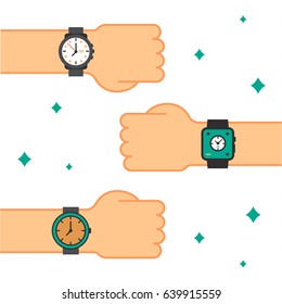 Wristwatch on the man's hand. Flat style background with icons for your design. Vector illustration.