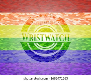 Wristwatch on mosaic background with the colors of the LGBT flag