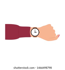 Wristwatch on the woman hand. Time on wrist watch. Checks the time. Hand with clock isolated on background. Cartoon design, vector illustration.