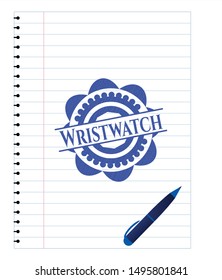 Wristwatch pen strokes emblem. Blue ink. Vector Illustration. Detailed.