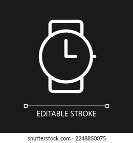 Wristwatch pixel perfect white linear ui icon for dark theme. Buying watches. Jewelry store. Vector line pictogram. Isolated user interface symbol for night mode. Editable stroke. Arial font used