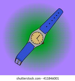 Wristwatch pop art design vector illustration. Clock separate objects. Wristlet watch hand drawn doodle design elements.