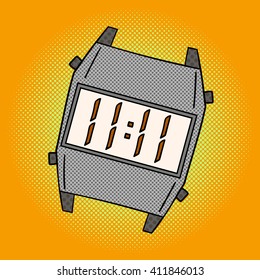Wristwatch pop art design vector illustration. Clock separate objects. Wristlet watch hand drawn doodle design elements.