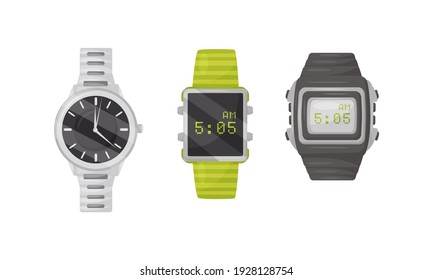 Wristwatch as Portable Timepiece with Watch Strap Worn Around the Wrist Vector Set