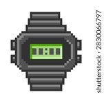 Wristwatch with rectangular digital screen and chunky strap in blocky pixels. Symbol of time, schedule, countdown, and retro tech nostalgia. Cartoon vector illustration.