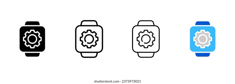 Wristwatch settings icon. Different styles, gear on the screen, settings on the wristwatch, wristwatch. Vector icons