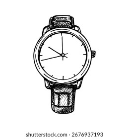 Сlassic wristwatch with a strap. Time management concept. Sketch outline illustration, a drawing in engraving style. Hand-drawn vector line art clipart